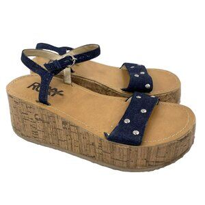 Vintage Y2K 90s Roxy Sandals Womens Size 8 Platform Cork Wedge Denim Jean